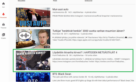 Kuva Youtuben "Nousussa"-listaukseen kuuluvista videoista.
