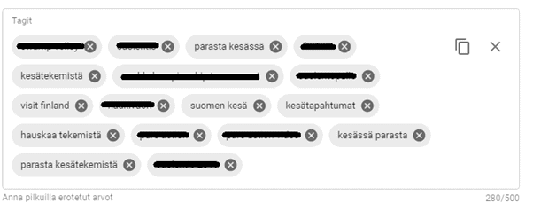 Kuva Youtubevideon yhteyteen liitetyistä tageista.