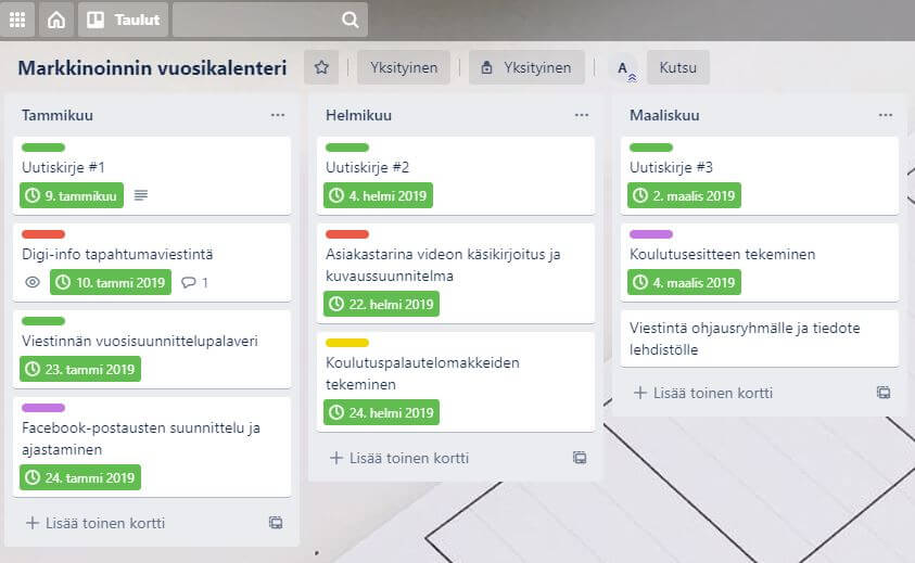 Markkinoinnin vuosikalenteri Trellolla tehtynä